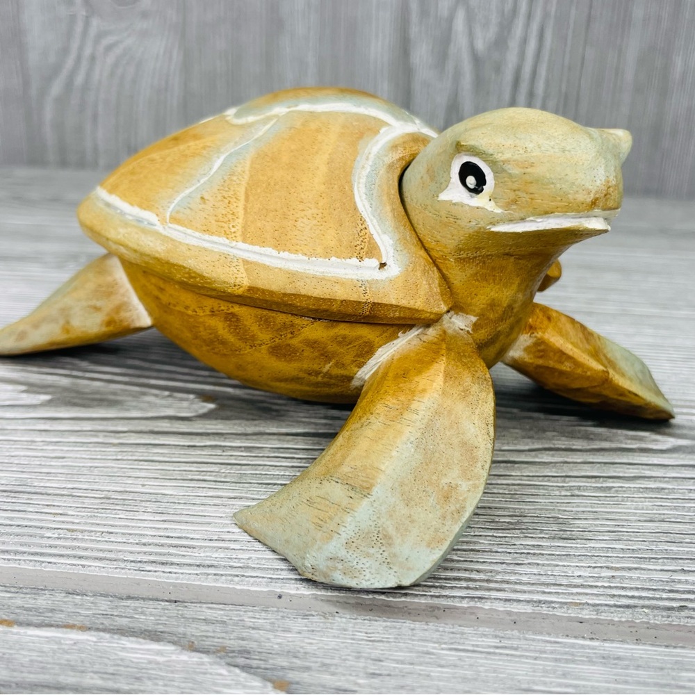 Wooden carved painted turtle trinket box storage box tropical sea turtle